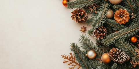 Festive christmas background with pine cones, fir branches, and ornaments on a neutral backdrop