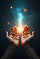 Hands lifting cosmic beam into space