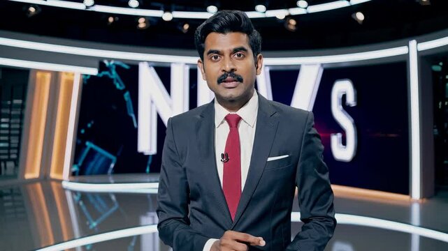 A news anchor in a suit presents in a modern studio. The low-angle shot adds authority, enhancing the professional video broadcast style.