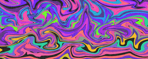 Acid colorful abstract background with wavy psychedelic shapes and grainy texture. Vibrant vector pattern.