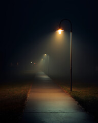 Street lamp night fog pathway light darkness illuminated outdoor park mist quiet empty glow metal pole walkway atmosphere moody solitude cold urban night scene shadow light beam evening mysterious