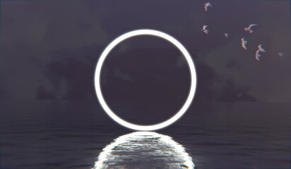 Glowing circle frame, neon, floating on the water surface, sea water, 3D illustration