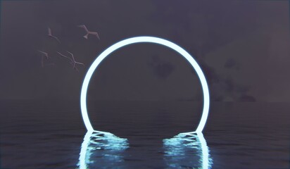 Glowing circle frame, neon, floating on the water surface, sea water, 3D illustration