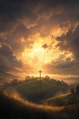 Obraz premium soft ray of sunlight piercing through the clouds, illuminating a solitary wooden cross on a hilltop