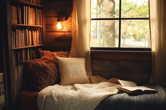 Cozy reading nook captures a quiet moment with warm light and inviting textures in a tranquil space