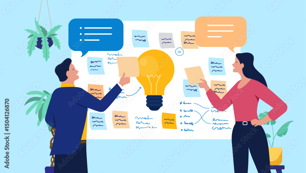 Poster brainstorming idea people - two people in workshop using sticky notes working on ideas and innovatio