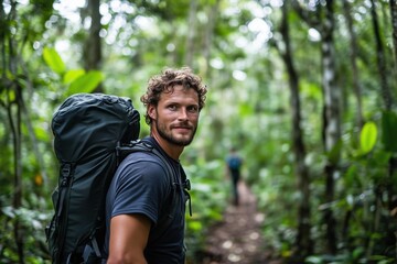 Solo hiker explores rich biodiversity along a lush forest trail in the morning light