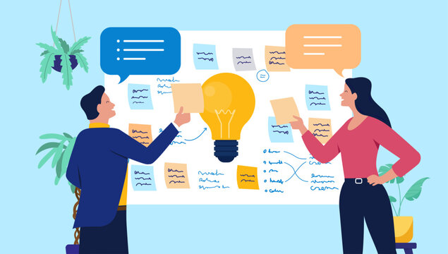 Brainstorming idea people - Two people in workshop using sticky notes working on ideas and innovation solving problem with new approaches. Flat design business vector illustration graphic