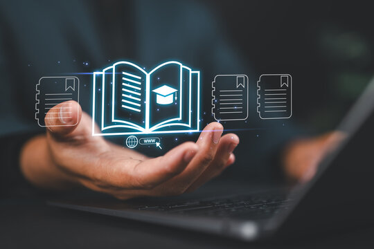 Internet education concept, e-learning resources, e-book, distant online courses, e-library. Businessman using laptop e-book icons on virtual screen.