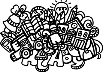 Fun doodle illustration of various objects and elements in black and white  
