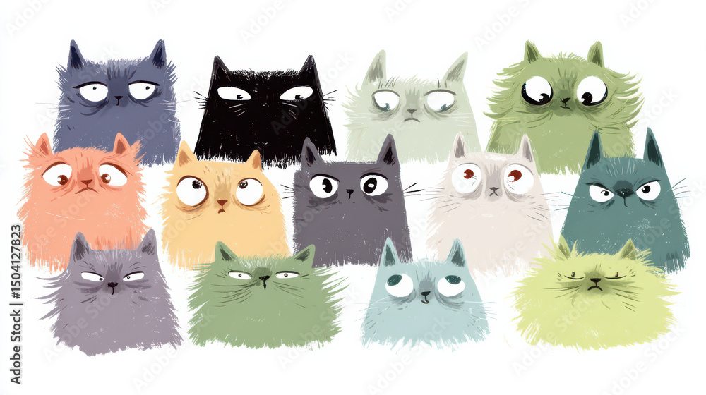 Poster feline expressions: a collection of whimsical cat illustrations, each showcasing a unique personalit