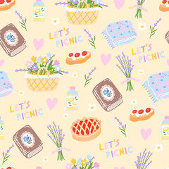 Cute and cozy Seamless picnic pattern with kawaii summer elements, basket, blanket, flowers, and sweet treats in pastel colors