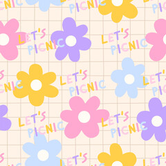 Seamless summer picnic pattern with flowers and pastel colors. Perfect for childrens clothing, fabric, and wallpaper design