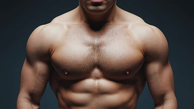 Close-up of muscular male torso flexing pectoral muscles in studio, fitness strength concept