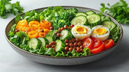 Fresh vegetable salad with eggs, peppers, cucumbers, and light dressing on white background.