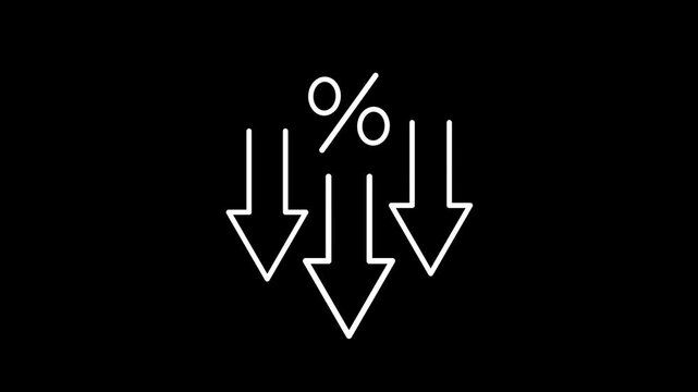 Arrows with percentages animate downward, showing a decrease in interest rates