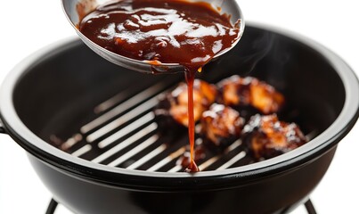 Smoky barbecue sauce dripping off a half-arch grill into a bowl, isolated on a white background. Detailed, natural lighting, sharp focus, high-resolution photography. 