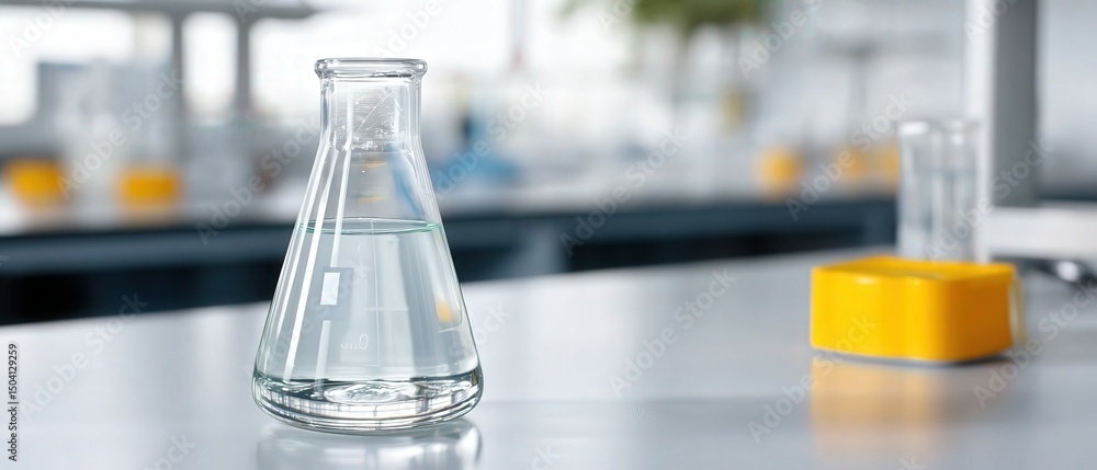 Poster laboratory experiment with flask and clear liquid in glassware setting