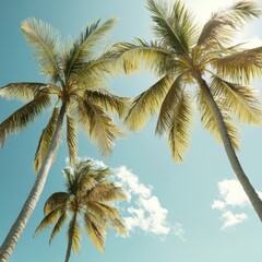 Lush Tropical Scene with Tall Palm Trees Against Clear Blue Sky