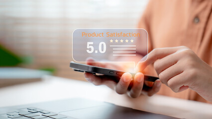 User giving 5-star product satisfaction rating on smartphone, representing customer experience, product review, and positive feedback in modern digital shopping and e-commerce.