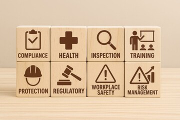 Essential Work Safety and Compliance Wooden Block Icons Display