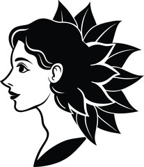 Monochromatic profile of a woman adorned with stylized floral hair