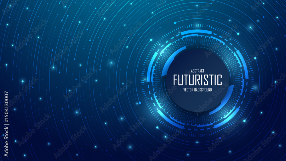 Poster abstract concentric circles tech circuit on technology dark blue background. circular lines and dot 