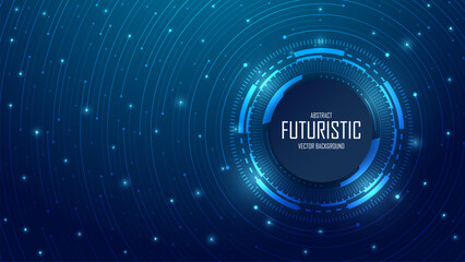 Abstract concentric circles tech circuit on technology dark blue background. Circular lines and dot connections. Big data transmission and, Artificial Intelligence concept. Vector illustration.