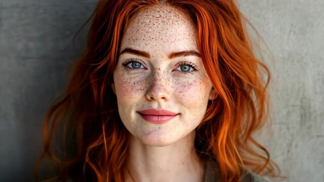 Portrait of redhead woman with freckles against gray wall, hair and beauty concept.