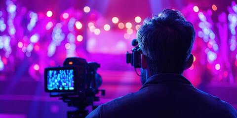 Cinematic camera operator at vibrant concert with pink and purple lighting
