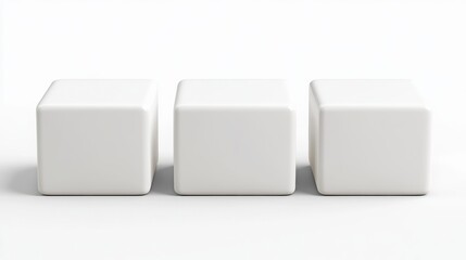 Three white, rounded cube objects arranged in a row on a white background