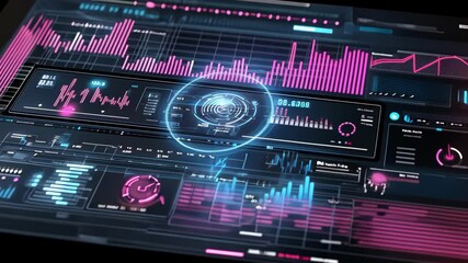Futuristic technology display with data analysis, charts and data visualization. Neon colors, digital interface, hud elements, data analysis concept. - Powered by Adobe