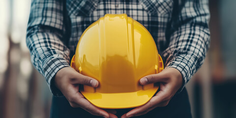 Fototapeta premium Worker holding a yellow helmet in a plaid shirt, symbolizing safety and construction work