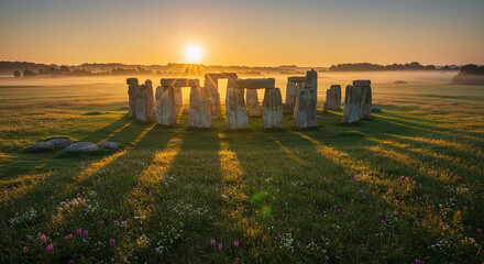 Stonehenge at dawn with sun rays shining through the stones in a field of grass and wildflowers summer solstice day concept