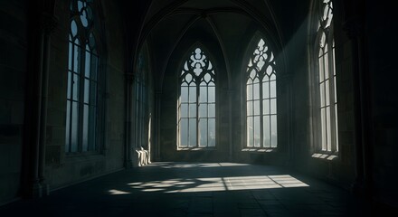 Chapel interior. Empty Gothic hall with deep shadows and stunning architecture, perfect for supernatural narratives, ghost story covers, or gothic history visuals.