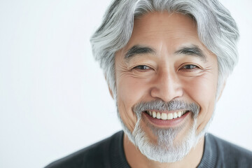 Smiling elderly Asian man with gray hair on a bright background