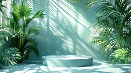 Fototapeta premium Tropical Plant and Podium with Light and Shadows for Product Display