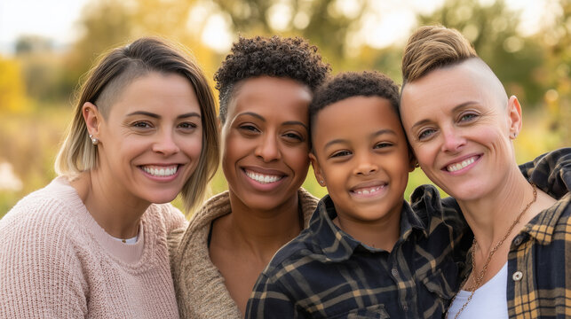LGBTQ+ parents close-up family portrait, love and inclusion theme, warm smiles, soft natural light, pastel blurred background. Series.