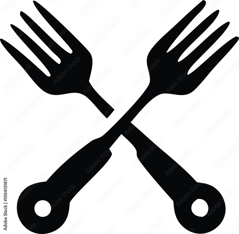 Poster abstract black and white image of two forks crossed in an x shape with circular handles