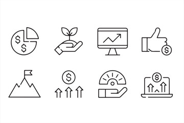 Illustrated Business Growth, Sustainability, and Finance Icons in Simple Line Art
