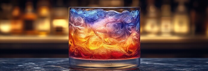 Futuristic drink with 3D-printed ice cubes swirling in a glass with vibrant colors.