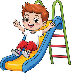 Happy boy sliding down a playground slide