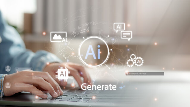 AI generation technology concept with person typing on laptop, surrounded by digital AI icons, representing artificial intelligence tools for daily content creation and productivity.
