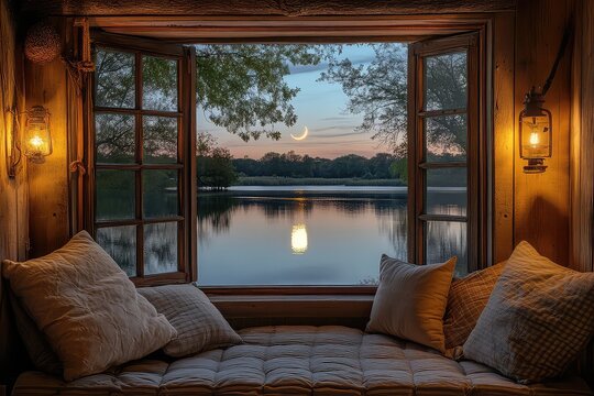 A cozy window seat with cushions, overlooking a serene lake reflecting the crescent moonlight