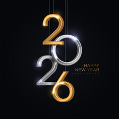 2026 silver and gold numbers hanging on black background. Vector illustration. Minimal logo invitation design for Merry Christmas and Happy New Year. Winter holiday poster banner flyer