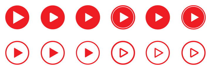 Play button icon set. Start audio or video action symbol. Video player concept . Red Play button Icon. Elements for video player. Push, start, click or record button. video player icon in red colour.