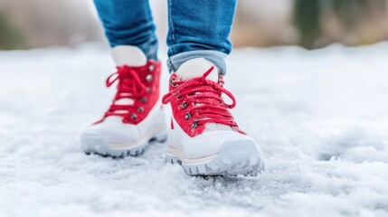 Close-Up of Red Hiking Boots on Snowy Ground in Winter Adventure Scene