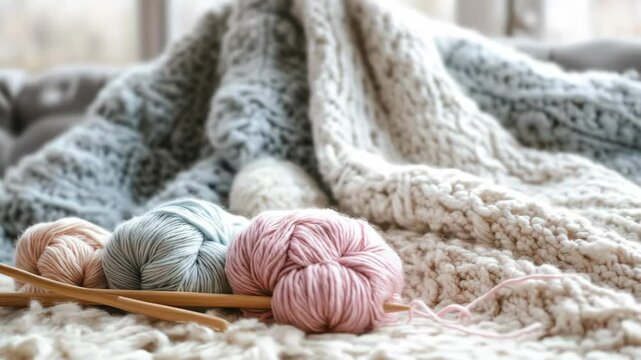 Soft wool yarn balls and knitting needles on a wool rug, indoors