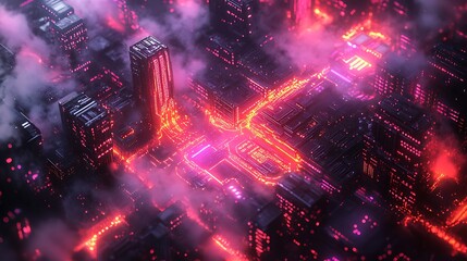 Fototapeta premium Futuristic cityscape illustration with neon lighting featuring a high resolution image