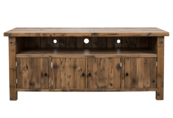 Rustic reclaimed wood TV console unit Front view, transparent background.